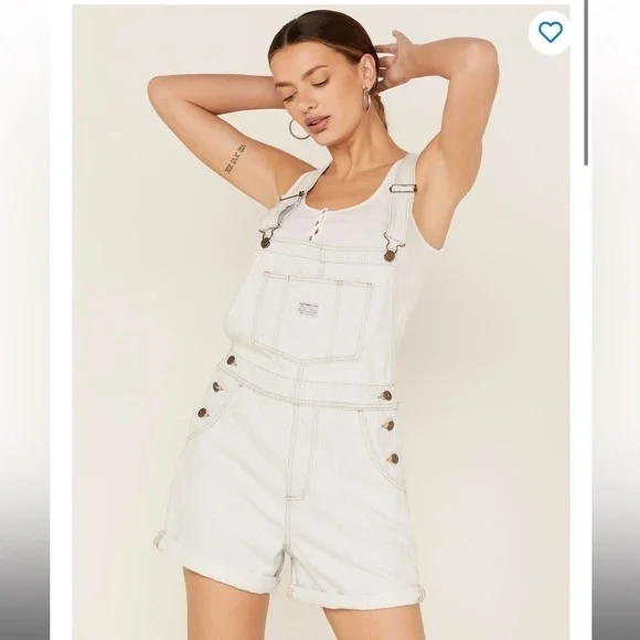 LEVI’S Vintage Style Denim Shortall NWT Stripey Blue Overall Shorts - Picture 2 of 9